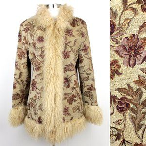John Caruana Shearling Trim Floral Tapestry Coat